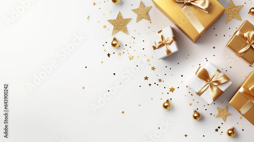 elegant Christmas banner. xmas background design with gold star and gift boxes on white background