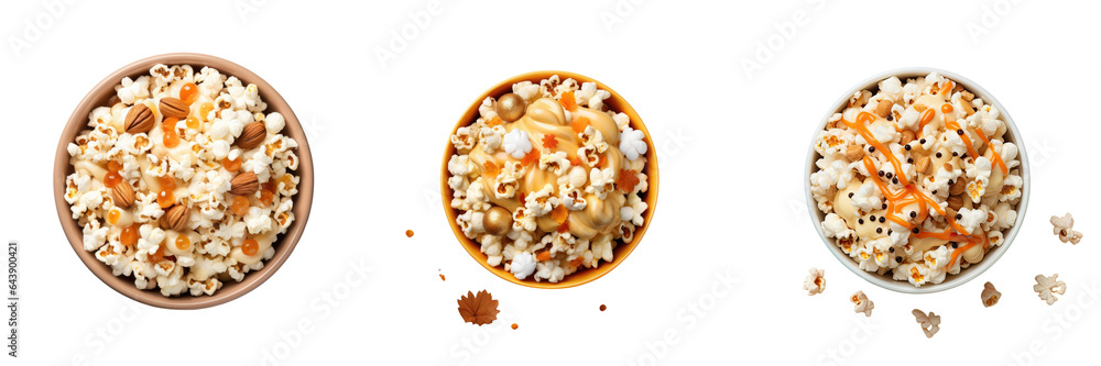 Top view of white chocolate and pumpkin spice popcorn in a decorated bowl isolated on a transparent background Top view of white chocolate and pumpkin spice popcorn in a decorated bowl isolated on a transparent background