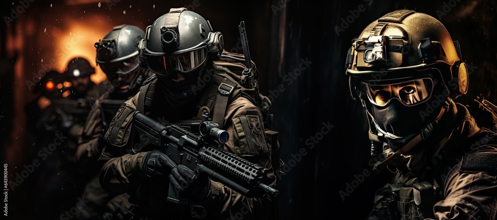 Naklejka premium Special forces soldier police, swat team member. in action , Poster concept for police,Generated with AI security or military,