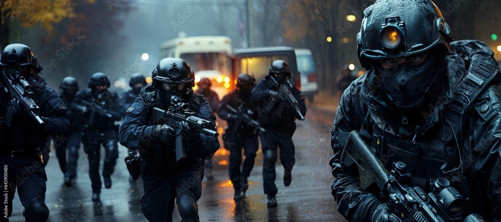 Special forces soldier police, swat team member. in action , Poster concept for police,Generated with AI security or military,