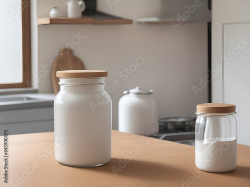 Mockup of a white jar with lid against modern kitchen background
