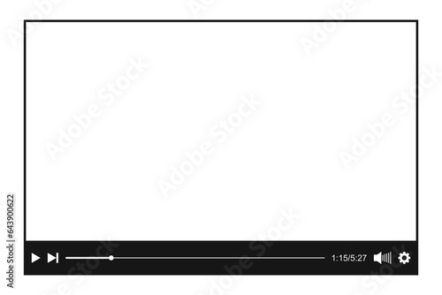 Video player template. Online movie empty digital screen with buttons and loading slider bar. Multimedia app window simple design isolated on white background. Vector graphic illustration
