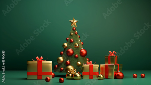 xmas modern design in gold green and red colors with Christmas tree and gift