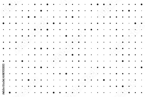 Dot grid halftone background. Different sized round points seamless pattern. Abstract monochrome retro texture. Dotty perforated surface. Vector graphic illustration.