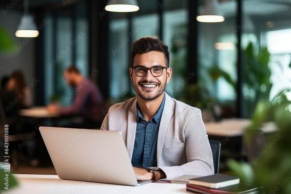 Handsome Latin Businessman Working with Computer, Male Manager Works in Modern Office, Analysis Data Statistics and Business Planning. Handsome Latin Businessman Working with Computer, Male Manager Works in Modern Office, Analysis Data Statistics and Business Planning.