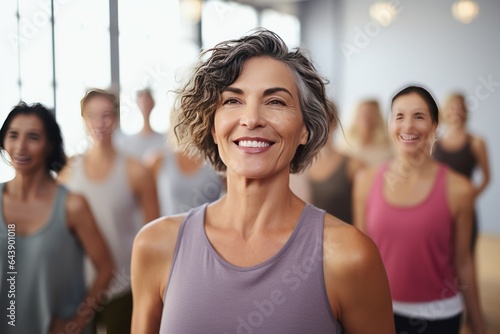 Middle-aged woman standing in a fitness studio  candidly expressing their active lifestyle through sport with friends.