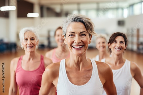 Middle-aged woman standing in a fitness studio, candidly expressing their active lifestyle through sport with friends.