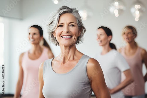 Middle-aged woman standing in a fitness studio  candidly expressing their active lifestyle through sport with friends.