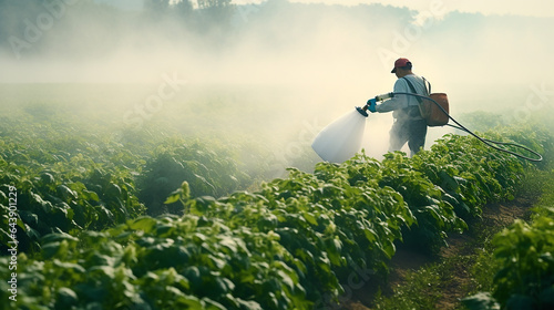 farmer sprays a potato plantation with a sprayer photo