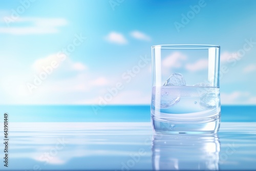 Pure Mineral Water in Glasses, Fresh Water Advertising Blue Background.