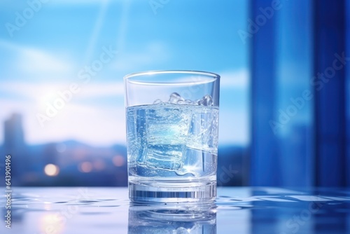 Pure Mineral Water in Glasses, Fresh Water Advertising Blue Background.