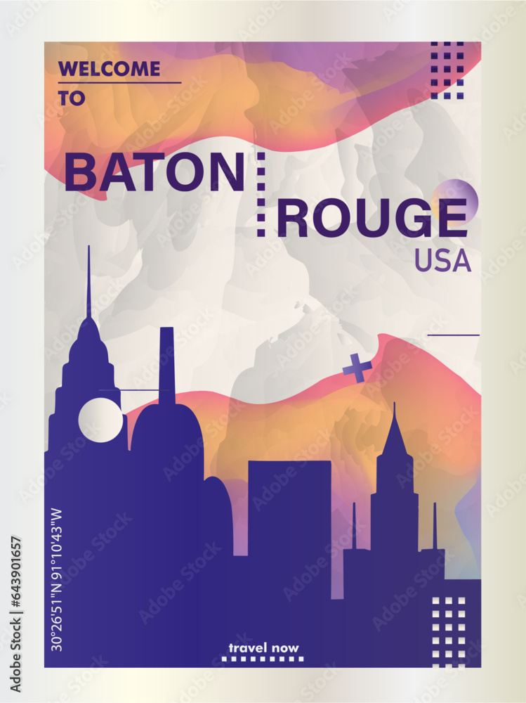 USA Baton Rouge city poster with abstract shapes of skyline, cityscape, landmarks and attractions. US Louisiana state travel vector illustration for brochure, website, page, business presentation