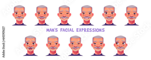 Old man avatar with different facial expression vector set. Mature person head icon with happy, surprised, angry, wink and scared face isolated clipart collection. Human portrait with mood reaction