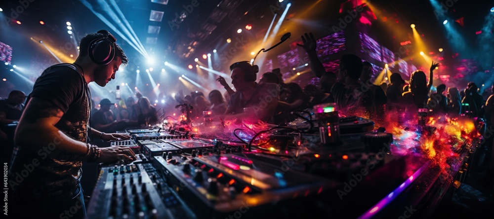 vibrant nightclub scene with a DJ performing on a stage. Colorful lights illuminate the dance floor,Generated with AI vibrant nightclub scene with a DJ performing on a stage. Colorful lights illuminate the dance floor,Generated with AI