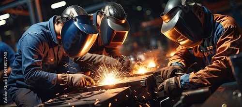 welding worker team working arc weld metal joint production in heavy industry danger and risk workplace with eyes safety equipment  Generated with AI
