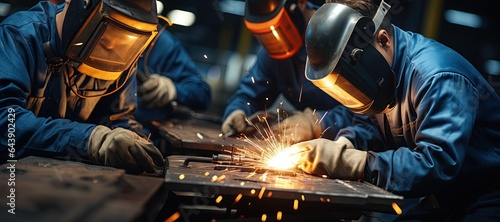 welding worker team working arc weld metal joint production in heavy industry danger and risk workplace with eyes safety equipment ,Generated with AI