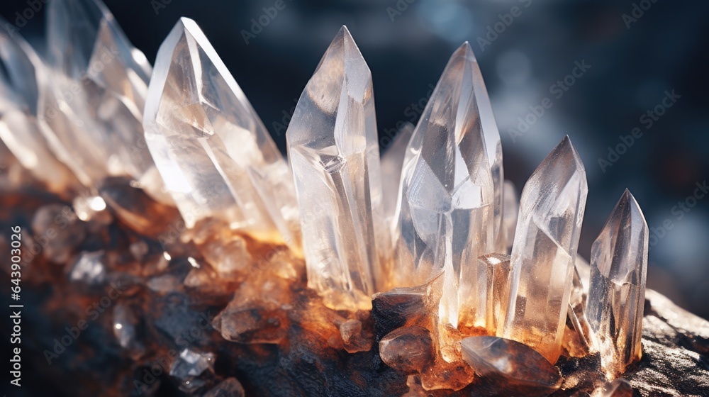Fototapeta premium Unreal clear quartz crystal cluster points rock - generative AI
