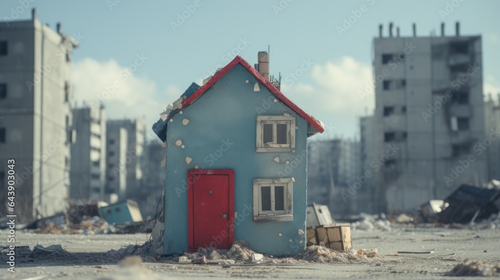 Tiny home barely intact in destroyed apocalyptic city - generative AI