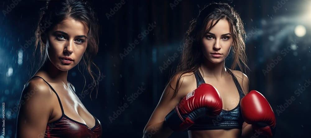 Kickboxing woman in activewear and red kickboxing gloves on black background performing a martial arts kick. Sport exercise, fitness workout. Generated with AI Kickboxing woman in activewear and red kickboxing gloves on black background performing a martial arts kick. Sport exercise, fitness workout. Generated with AI