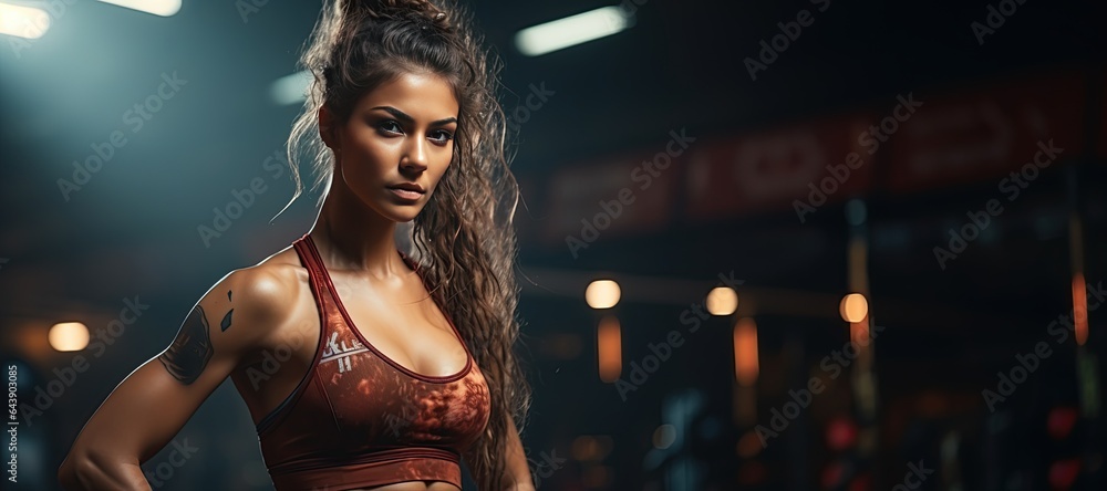 Kickboxing woman in activewear and red kickboxing gloves on black background performing a martial arts kick. Sport exercise, fitness workout. Generated with AI