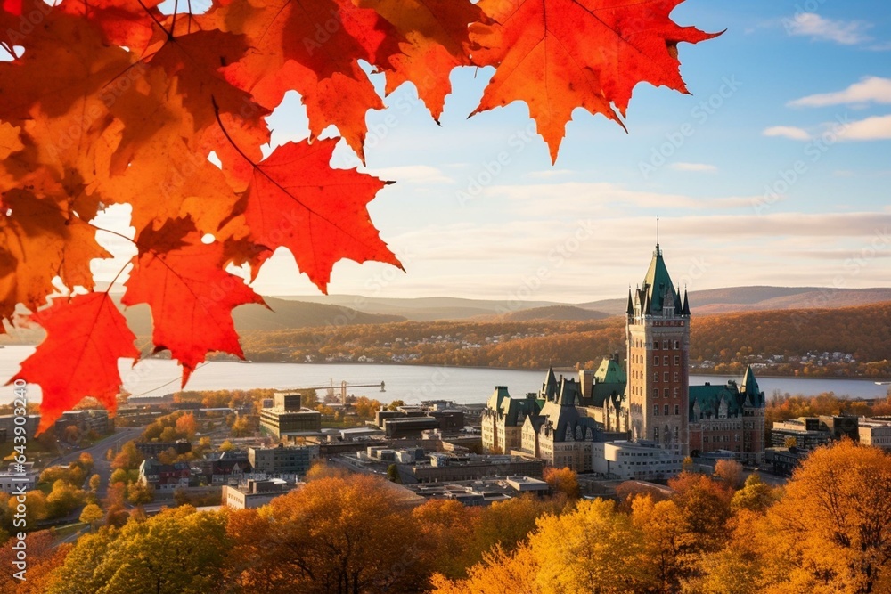 Fototapeta premium Quebec City in Quebec, Canada with the Canadian maple leaf symbol. Generative AI