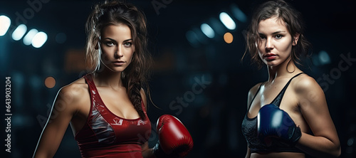 Kickboxing woman in activewear and red kickboxing gloves on black background performing a martial arts kick. Sport exercise, fitness workout. Generated with AI © Chanwit