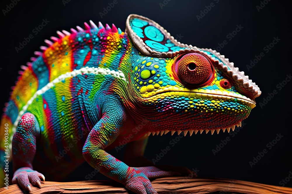 Colorful chameleon on a branch, a creative concept of adaptation and transformation. Generative AI Colorful chameleon on a branch, a creative concept of adaptation and transformation. Generative AI