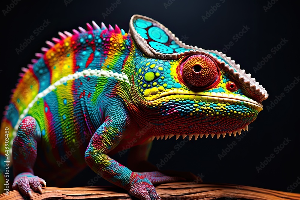 Colorful chameleon on a branch, a creative concept of adaptation and transformation. Generative AI