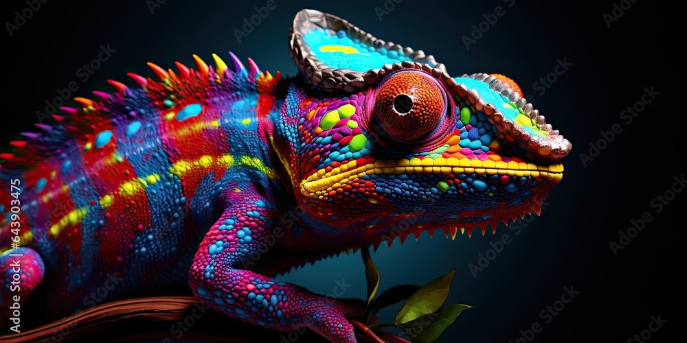 Fototapeta premium Colorful chameleon on a branch, a creative concept of adaptation and transformation. Generative AI