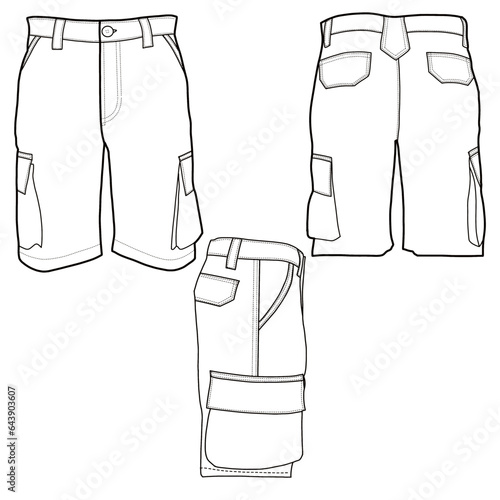 Technical sketch of men's cargo shorts template. Front and back flat design vector.