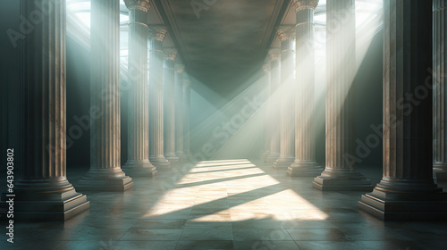 corridor with roman pillars and bright light at the exit photo