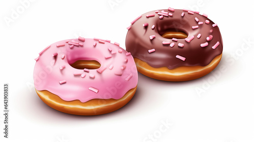 donuts with pink icing and chocolate. 3d realistic objects. food icon set on white background