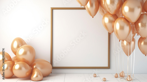 frame poster mockup with gold balloons air balloon 3d rendering
