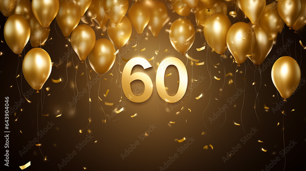 happy 60th birthday gold balloons greeting card - obrazy, fototapety, plakaty 