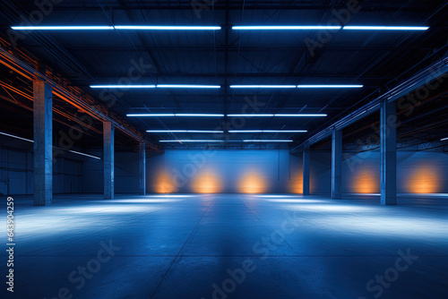 Empty interior of a modern industrial hall in a dynamic contrast of colors
