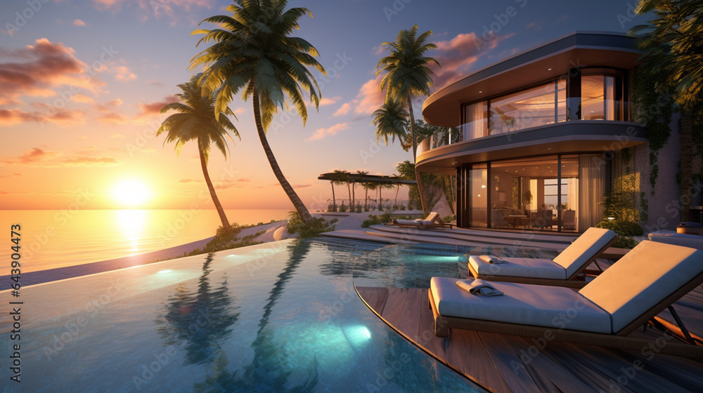 A luxurious beachfront villa, overlooking a pristine turquoise ocean, palm trees swaying gently in the breeze A luxurious beachfront villa, overlooking a pristine turquoise ocean, palm trees swaying gently in the breeze