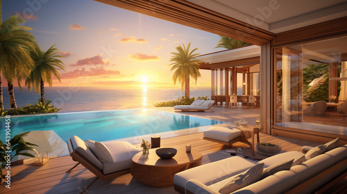 A luxurious beachfront villa, overlooking a pristine turquoise ocean, palm trees swaying gently in the breeze © Arif