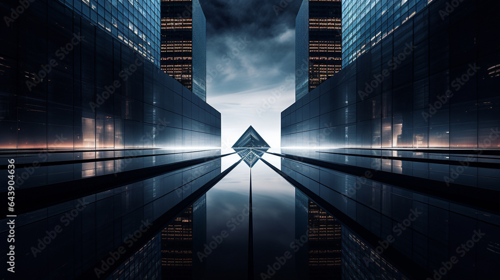 A sleek modern skyscraper, its reflective glass facade capturing the city lights at night