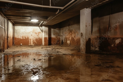 A basement with a damp flood and moldy walls. Generative AI