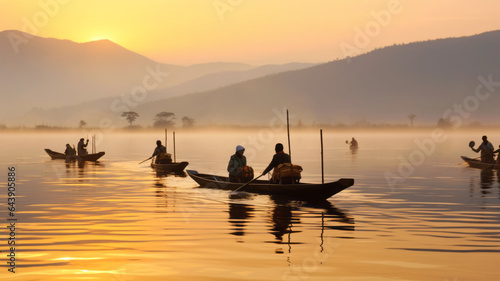 Image of people rowing boats to catch a lot of fish at Inle, Burma, morning light.generative ai © JKLoma