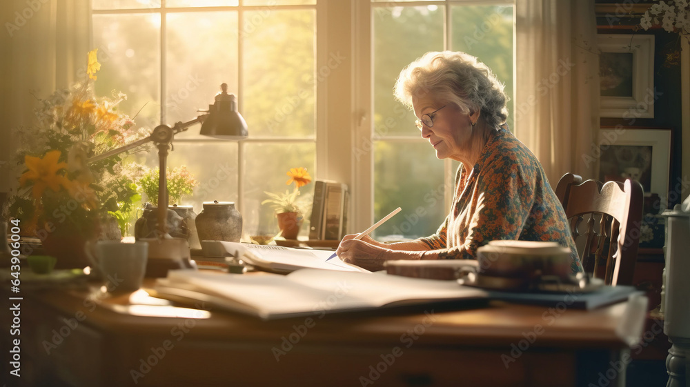 A senior woman sits by the window of her home in the morning writing. A senior woman sits by the window of her home in the morning writing.
