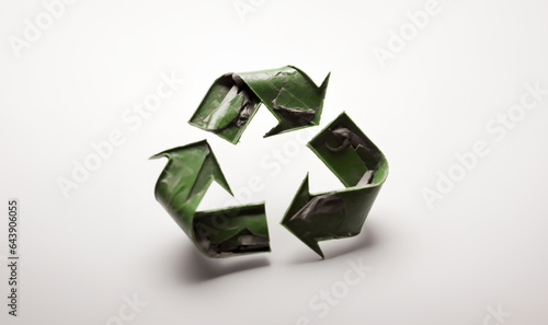 Recycling symbol made from plant leaves and green paper