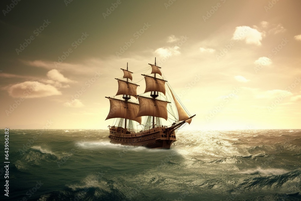 Imaginary pirate ship sailing across a vast sea. Generative AI