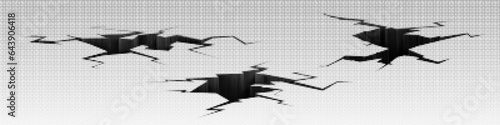 Earth break ground and crack hole vector 3d effect. Broken concrete floor texture. Isolated split and damage fracture illustration set. Realistic fissure destruction png. Desert road cleft icon