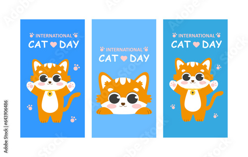 Postcards for the International Cat Day. Funny kitten. A pet. Red cat. Vector illustration