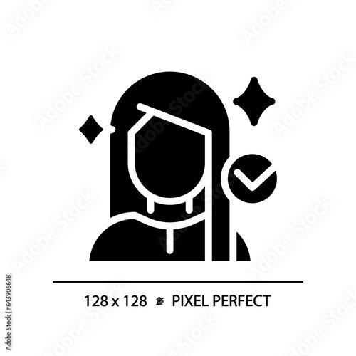 2D pixel perfect woman with shiny hairstyle glyph style icon, isolated vector, haircare simple black silhouette illustration.