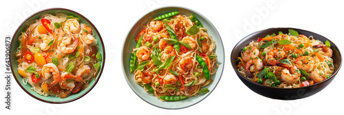 transparent background with top view of delicious rice noodles with shrimp and veggies