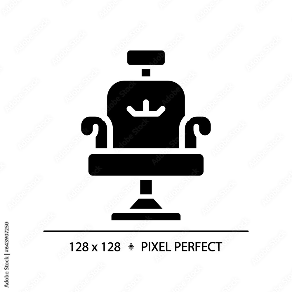 2D pixel perfect salon chair glyph style icon, isolated vector, haircare simple black silhouette illustration. 2D pixel perfect salon chair glyph style icon, isolated vector, haircare simple black silhouette illustration.