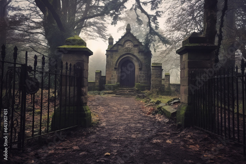 Stane entrance to an old graveyard. a stone building gaurds the entrance on the right, iron gates photo