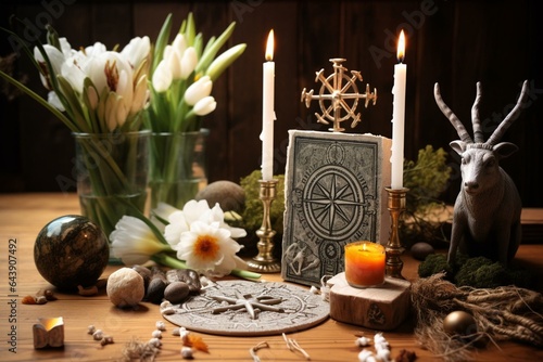 Altar for Imbolc Sabbat featuring Brigid's cross amulet, candles, sun-moon symbol, wheel of the year, snowdrops, and toy lamb on wooden table. Generative AI photo